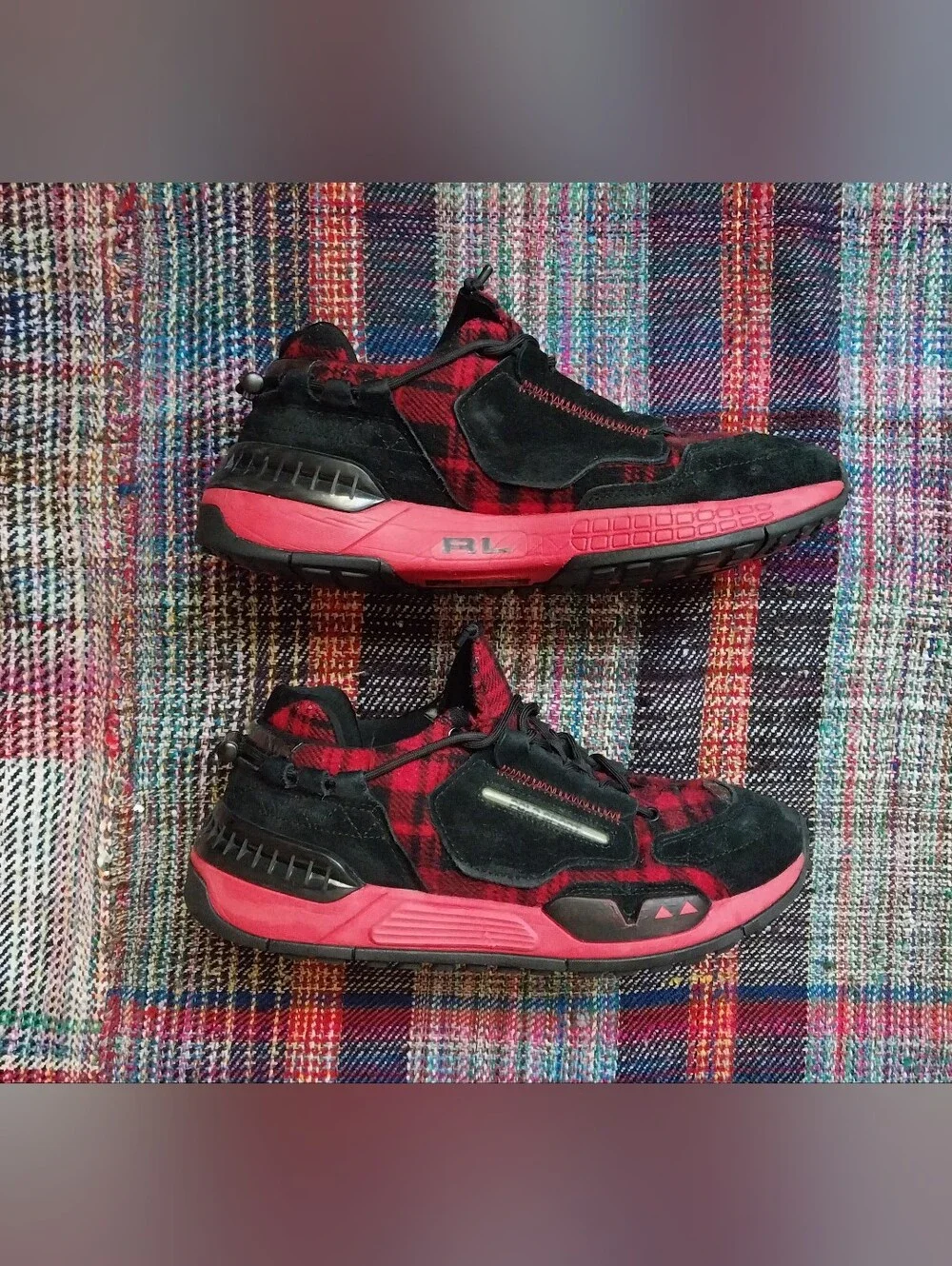 Polo Ralph Lauren PS200 Sport Black/Red Plaid Suede Sneaker Shoes Mens Sz 10.5